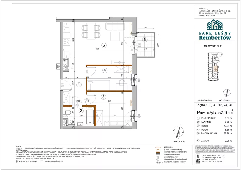 3 pokoje, mieszkanie 52,10 m², piętro 3, oferta nr L2-36, Park Leśny Rembertów - L1 L2, Warszawa, Rembertów, ul. Chełmżyńska 198