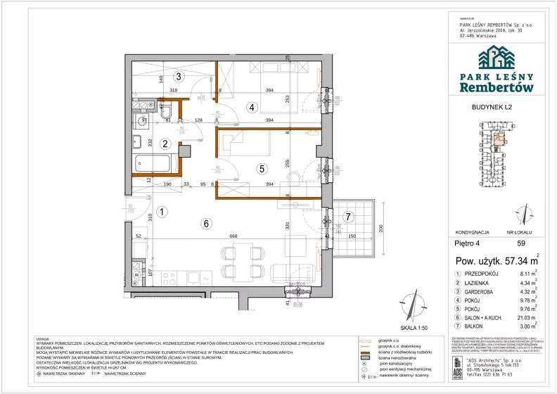 3 pokoje, mieszkanie 57,34 m², piętro 4, oferta nr L2-59, Park Leśny Rembertów - L1 L2, Warszawa, Rembertów, ul. Chełmżyńska 198