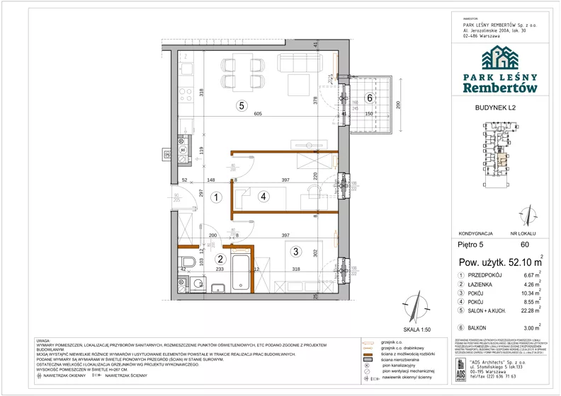 3 pokoje, mieszkanie 52,10 m², piętro 5, oferta nr L2-60, Park Leśny Rembertów - L1 L2, Warszawa, Rembertów, ul. Chełmżyńska 198