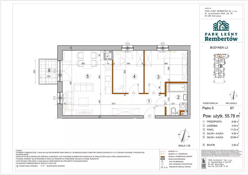 3 pokoje, mieszkanie 55,78 m², piętro 5, oferta nr L2-67, Park Leśny Rembertów - L1 L2, Warszawa, Rembertów, ul. Chełmżyńska 198
