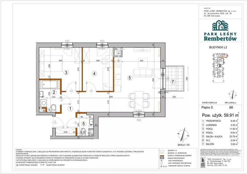 3 pokoje, mieszkanie 59,91 m², piętro 5, oferta nr L2-68, Park Leśny Rembertów - L1 L2, Warszawa, Rembertów, ul. Chełmżyńska 198