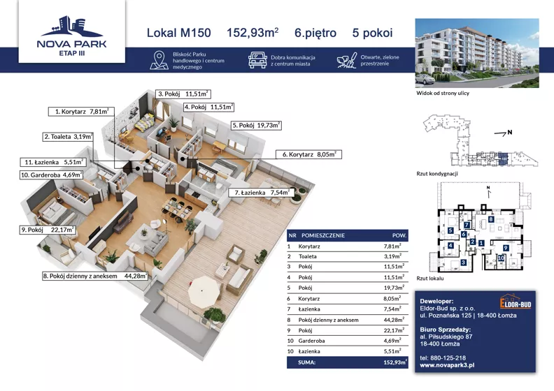 5 pokoi, mieszkanie 152,93 m², piętro 6, oferta nr M150, Nova Park III, Łomża, Południe, ul. Akademicka