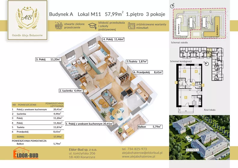3 pokoje, mieszkanie 57,99 m², piętro 1, oferta nr AM11, Osiedle Aleja Bohaterów, Komorowo, ul. Bociańskiego