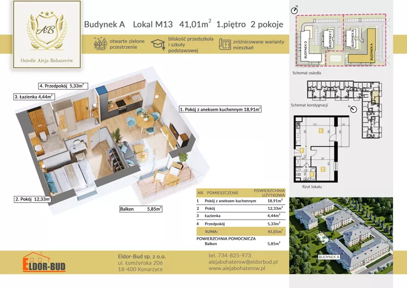 2 pokoje, mieszkanie 41,01 m², piętro 1, oferta nr AM13, Osiedle Aleja Bohaterów, Komorowo, ul. Bociańskiego
