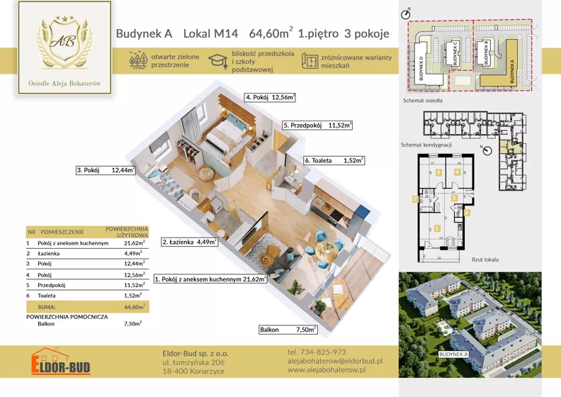 3 pokoje, mieszkanie 64,60 m², piętro 1, oferta nr AM14, Osiedle Aleja Bohaterów, Komorowo, ul. Bociańskiego