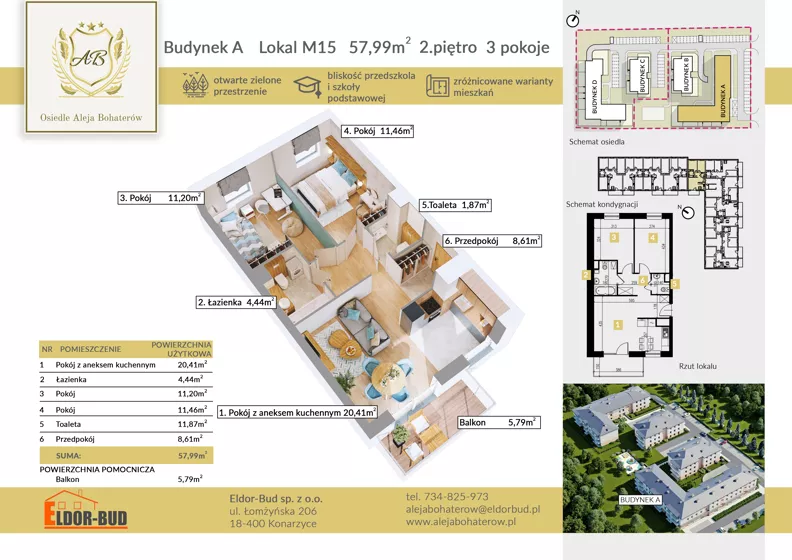 3 pokoje, mieszkanie 57,99 m², piętro 2, oferta nr AM15, Osiedle Aleja Bohaterów, Komorowo, ul. Bociańskiego
