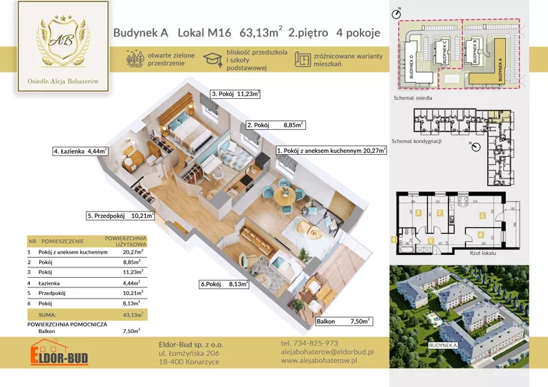 4 pokoje, mieszkanie 63,13 m², piętro 2, oferta nr AM16, Osiedle Aleja Bohaterów, Komorowo, ul. Bociańskiego