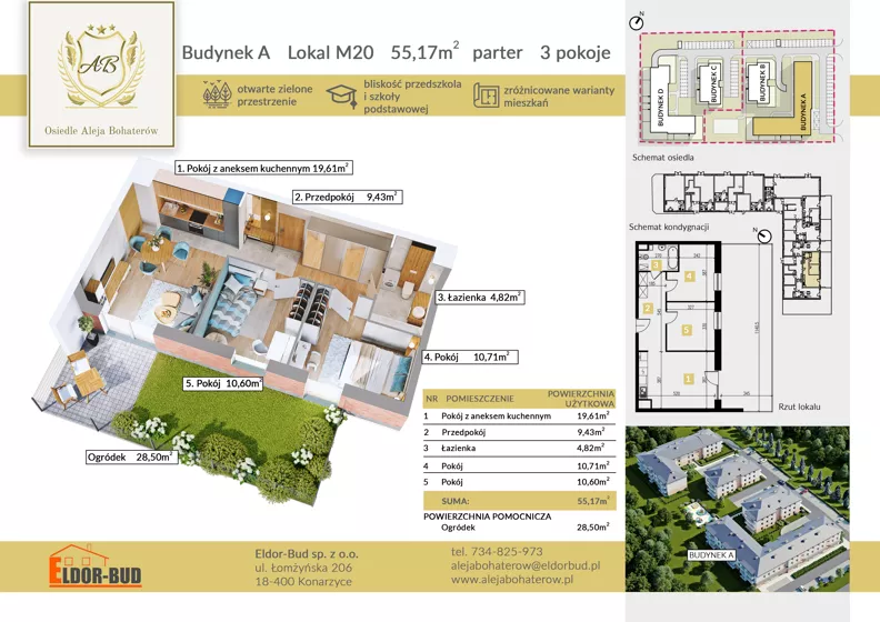 3 pokoje, mieszkanie 55,17 m², parter, oferta nr AM20, Osiedle Aleja Bohaterów, Komorowo, ul. Bociańskiego