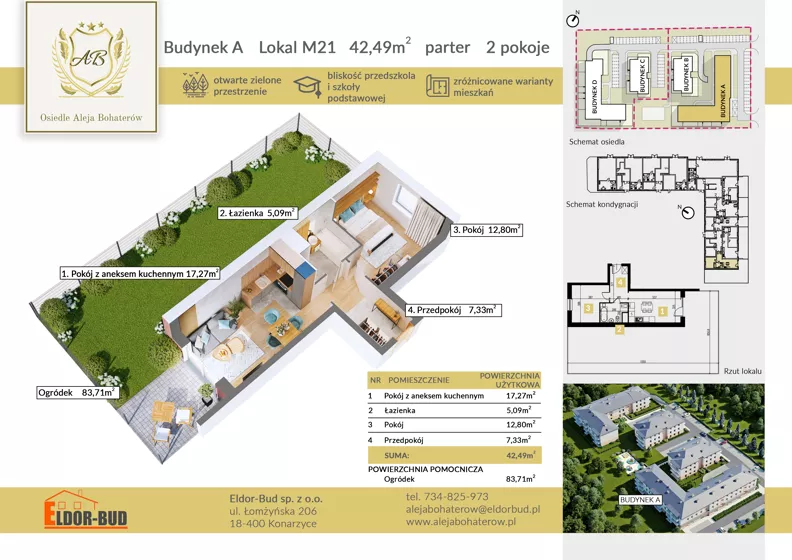 2 pokoje, mieszkanie 42,49 m², parter, oferta nr AM21, Osiedle Aleja Bohaterów, Komorowo, ul. Bociańskiego