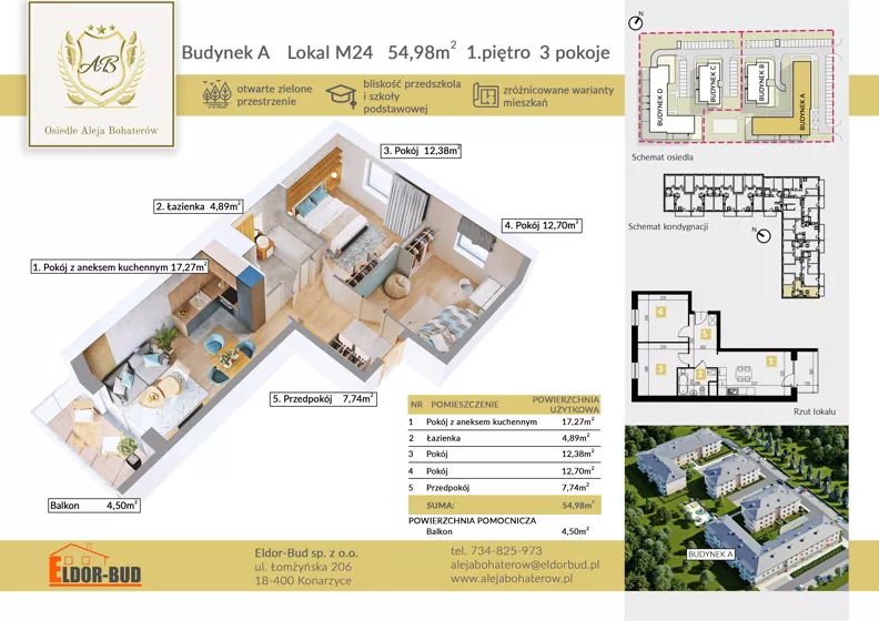 3 pokoje, mieszkanie 54,98 m², piętro 1, oferta nr AM24, Osiedle Aleja Bohaterów, Komorowo, ul. Bociańskiego