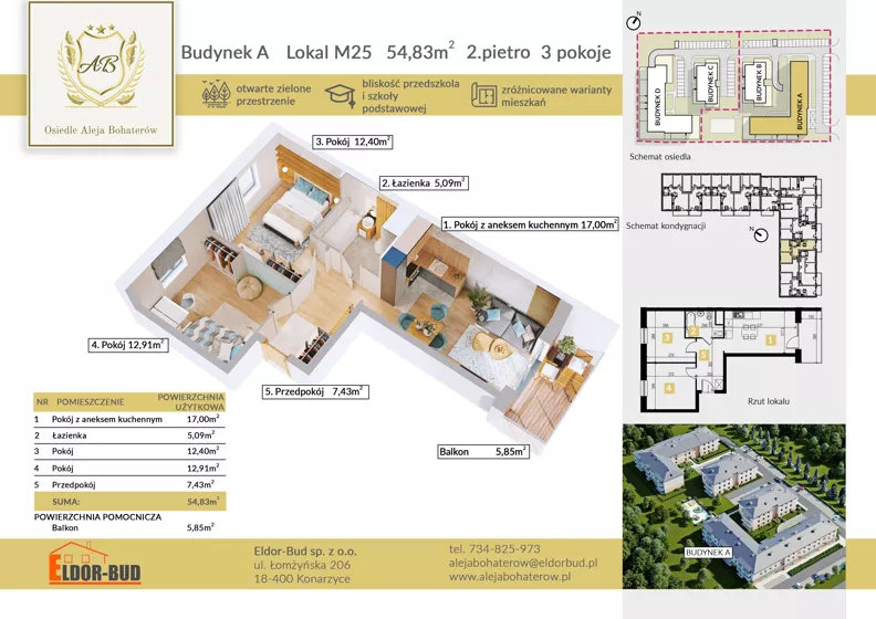 3 pokoje, mieszkanie 54,83 m², piętro 2, oferta nr AM25, Osiedle Aleja Bohaterów, Komorowo, ul. Bociańskiego