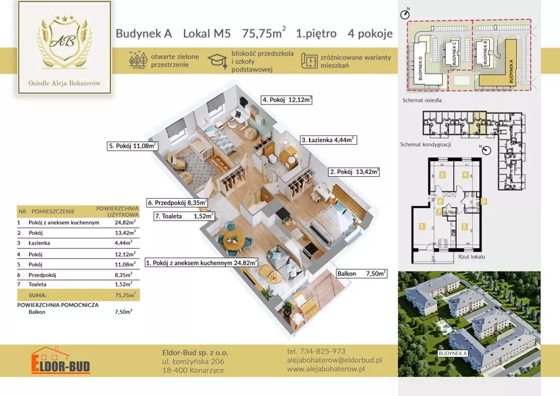 4 pokoje, mieszkanie 75,75 m², piętro 1, oferta nr AM5, Osiedle Aleja Bohaterów, Komorowo, ul. Bociańskiego