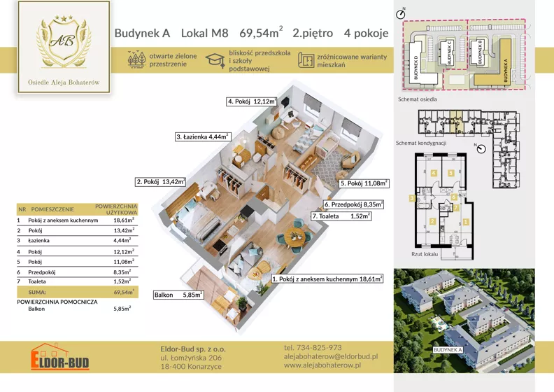 4 pokoje, mieszkanie 69,54 m², piętro 2, oferta nr AM8, Osiedle Aleja Bohaterów, Komorowo, ul. Bociańskiego