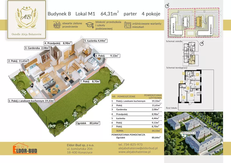 4 pokoje, mieszkanie 64,31 m², parter, oferta nr BM1, Osiedle Aleja Bohaterów, Komorowo, ul. Bociańskiego