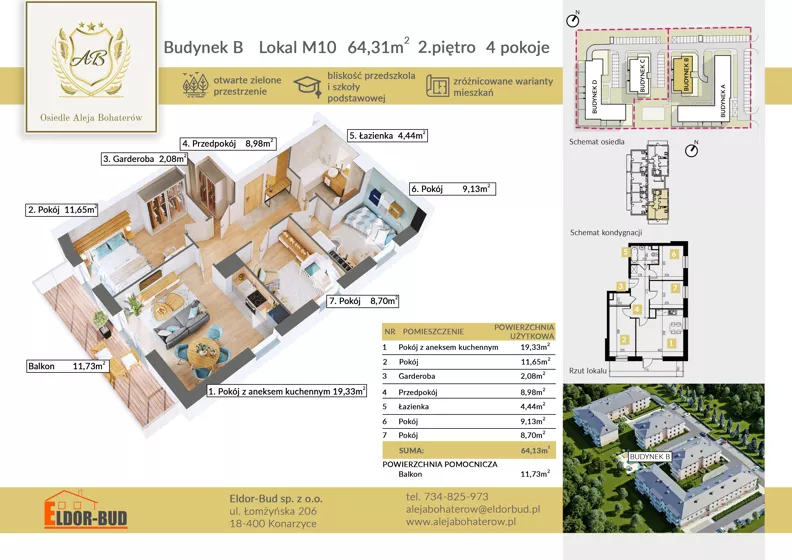 4 pokoje, mieszkanie 64,31 m², piętro 2, oferta nr BM10, Osiedle Aleja Bohaterów, Komorowo, ul. Bociańskiego