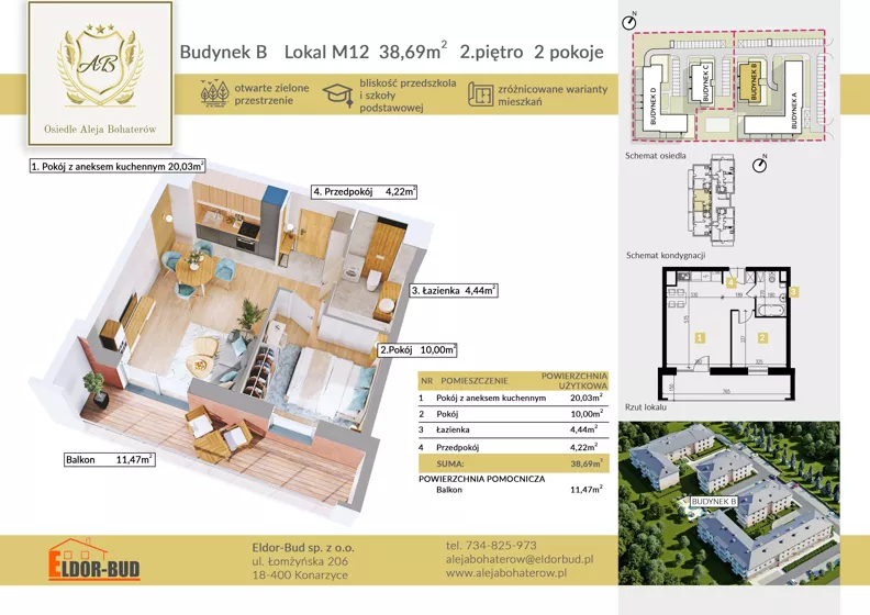 2 pokoje, mieszkanie 38,69 m², piętro 2, oferta nr BM12, Osiedle Aleja Bohaterów, Komorowo, ul. Bociańskiego