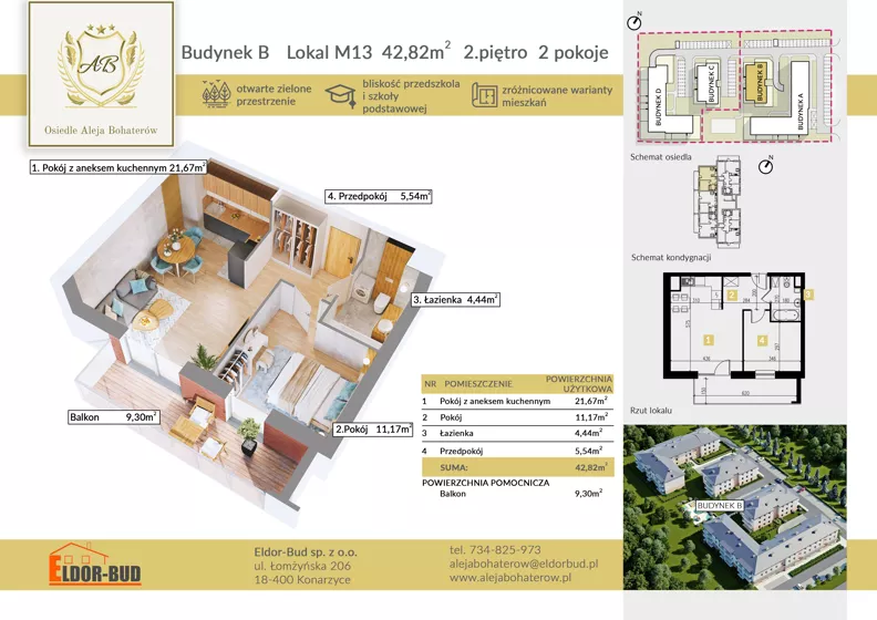 2 pokoje, mieszkanie 42,82 m², piętro 2, oferta nr BM13, Osiedle Aleja Bohaterów, Komorowo, ul. Bociańskiego