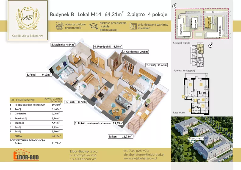 4 pokoje, mieszkanie 64,31 m², piętro 2, oferta nr BM14, Osiedle Aleja Bohaterów, Komorowo, ul. Bociańskiego