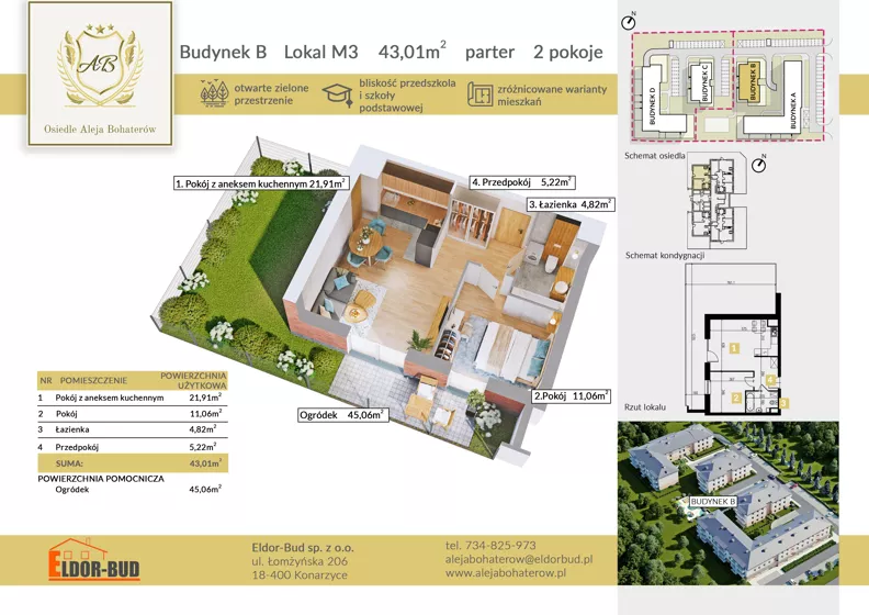 2 pokoje, mieszkanie 43,01 m², parter, oferta nr BM3, Osiedle Aleja Bohaterów, Komorowo, ul. Bociańskiego