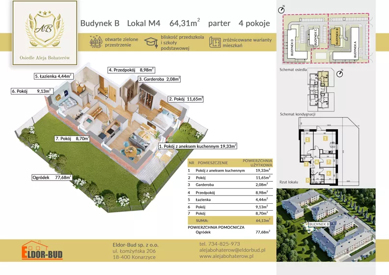 4 pokoje, mieszkanie 64,31 m², parter, oferta nr BM4, Osiedle Aleja Bohaterów, Komorowo, ul. Bociańskiego