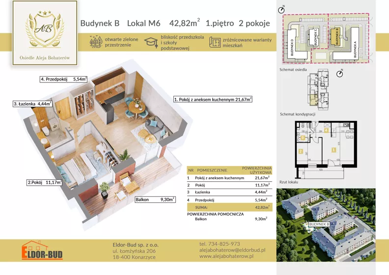 2 pokoje, mieszkanie 42,82 m², piętro 1, oferta nr BM6, Osiedle Aleja Bohaterów, Komorowo, ul. Bociańskiego