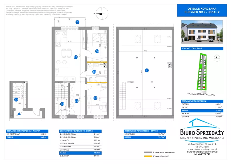 3 pokoje, mieszkanie 74,69 m², piętro 1, oferta nr 2.2, Osiedle Korczaka, Radzymin, Ul. Korczaka 47-49
