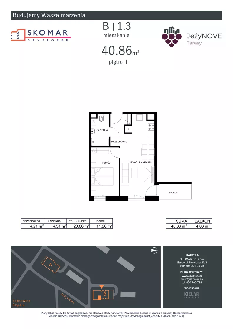 2 pokoje, mieszkanie 40,86 m², piętro 1, oferta nr B1_3, JeżyNOVE Tarasy, Ząbkowice Śląskie, ul. Jeżynowa