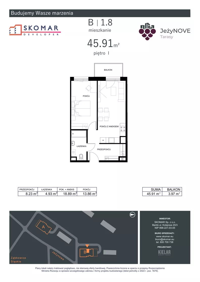 2 pokoje, mieszkanie 45,91 m², piętro 1, oferta nr B1_8, JeżyNOVE Tarasy, Ząbkowice Śląskie, ul. Jeżynowa
