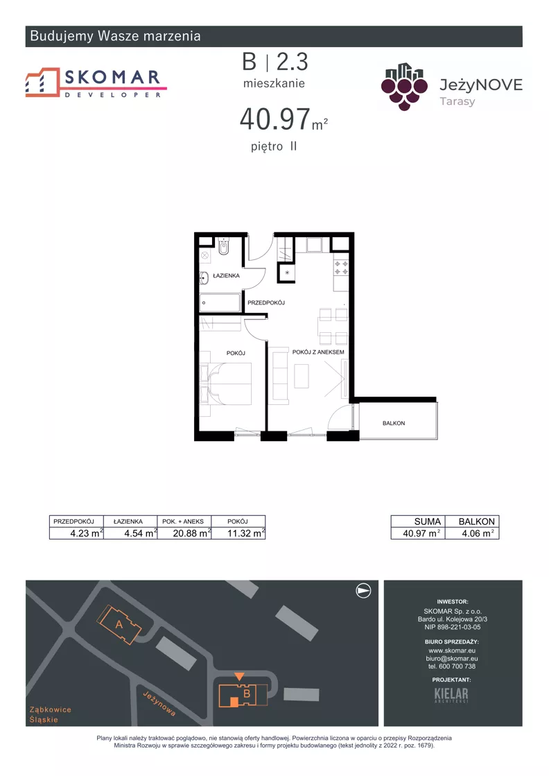 2 pokoje, mieszkanie 40,97 m², piętro 2, oferta nr B2_3, JeżyNOVE Tarasy, Ząbkowice Śląskie, ul. Jeżynowa