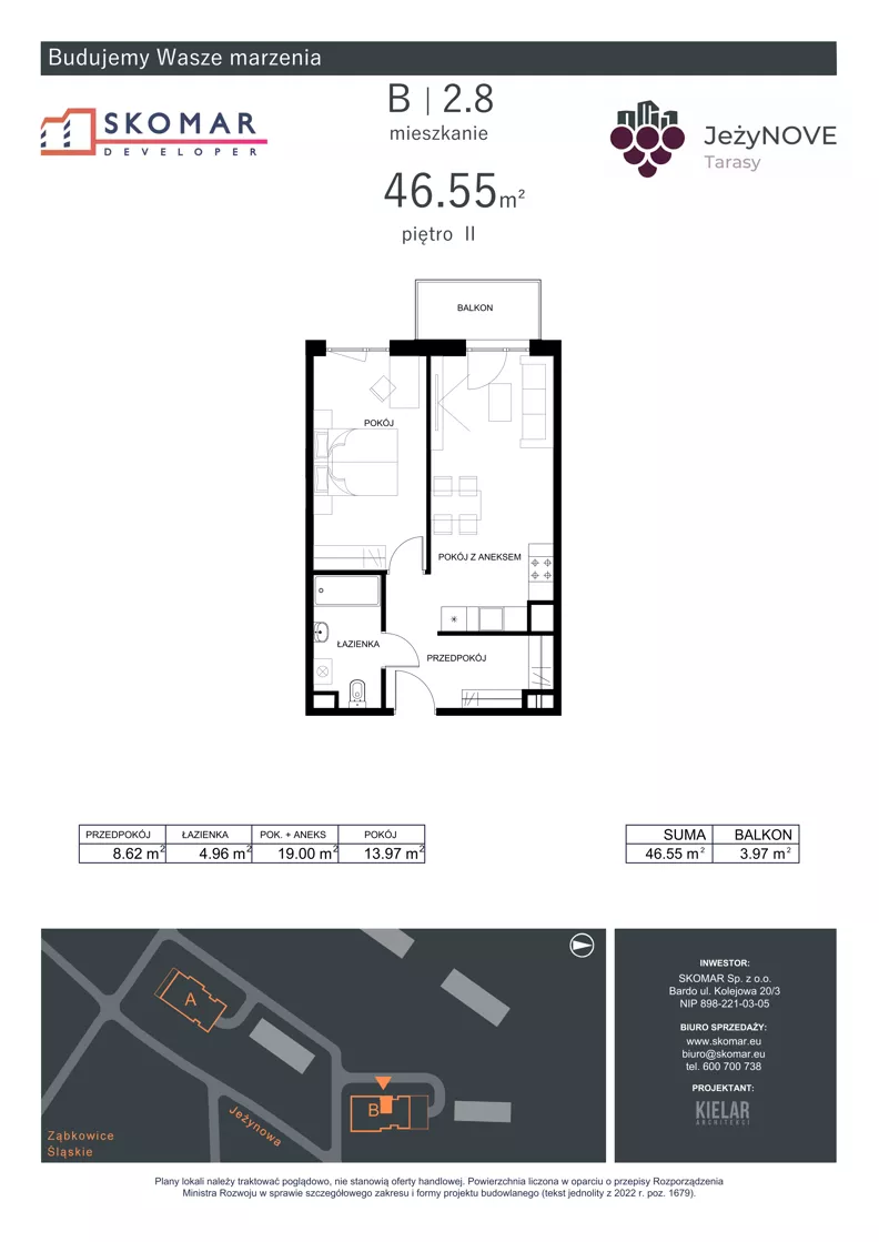 2 pokoje, mieszkanie 46,55 m², piętro 2, oferta nr B2_8, JeżyNOVE Tarasy, Ząbkowice Śląskie, ul. Jeżynowa