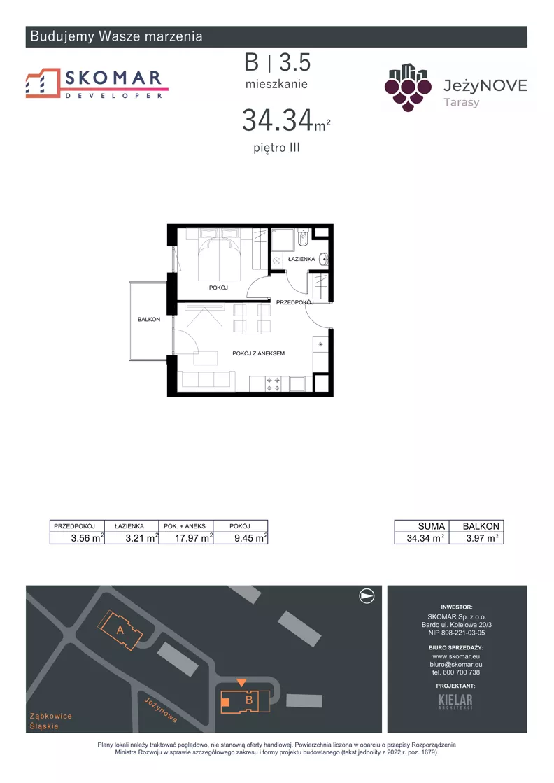 2 pokoje, mieszkanie 34,34 m², piętro 3, oferta nr B3_5, JeżyNOVE Tarasy, Ząbkowice Śląskie, ul. Jeżynowa