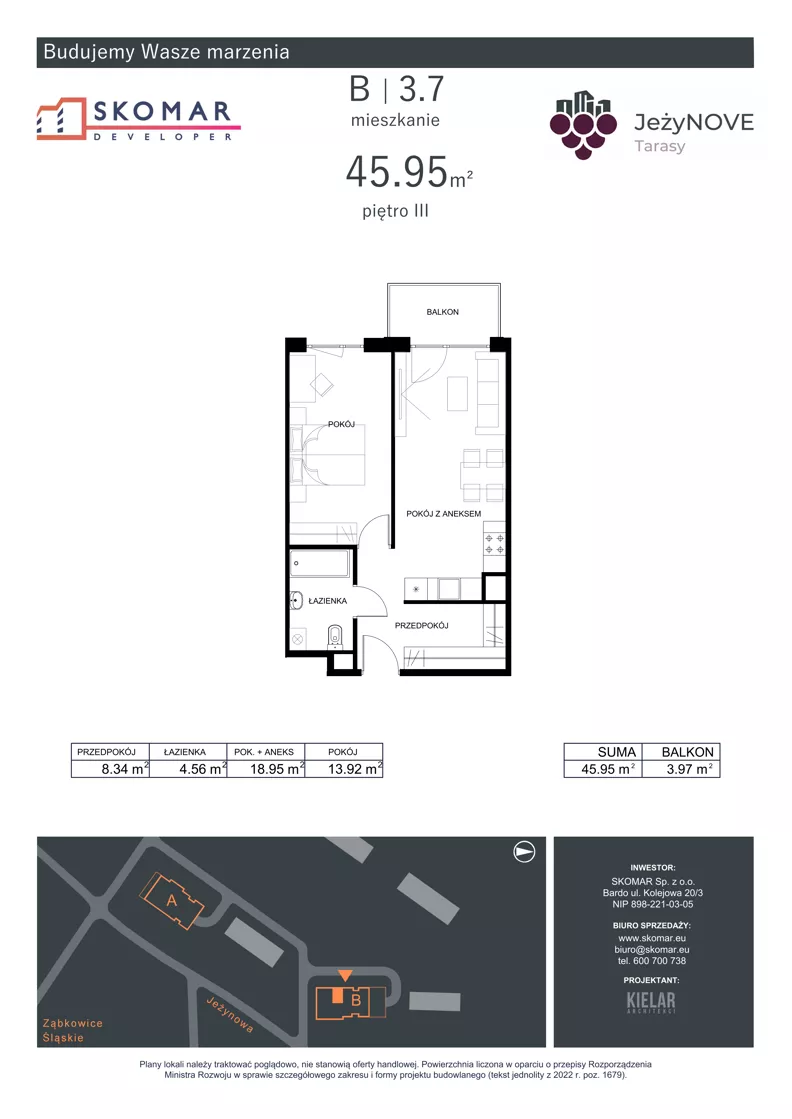 2 pokoje, mieszkanie 45,95 m², piętro 3, oferta nr B3_7, JeżyNOVE Tarasy, Ząbkowice Śląskie, ul. Jeżynowa
