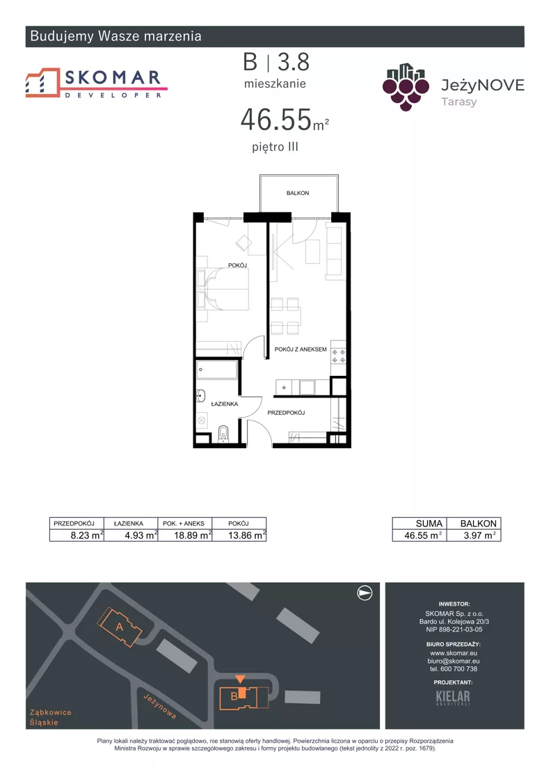 2 pokoje, mieszkanie 46,55 m², piętro 3, oferta nr B3_8, JeżyNOVE Tarasy, Ząbkowice Śląskie, ul. Jeżynowa