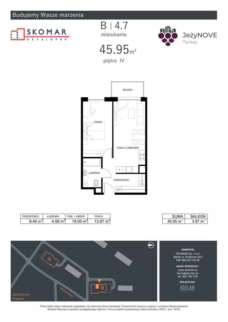 2 pokoje, mieszkanie 45,95 m², piętro 4, oferta nr B4_7, JeżyNOVE Tarasy, Ząbkowice Śląskie, ul. Jeżynowa