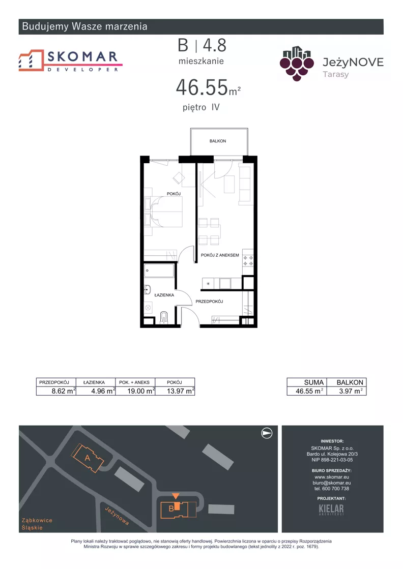 2 pokoje, mieszkanie 46,55 m², piętro 4, oferta nr B4_8, JeżyNOVE Tarasy, Ząbkowice Śląskie, ul. Jeżynowa