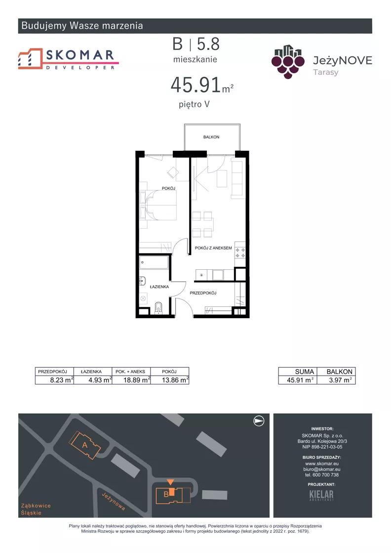 2 pokoje, mieszkanie 45,91 m², piętro 5, oferta nr B5_8, JeżyNOVE Tarasy, Ząbkowice Śląskie, ul. Jeżynowa