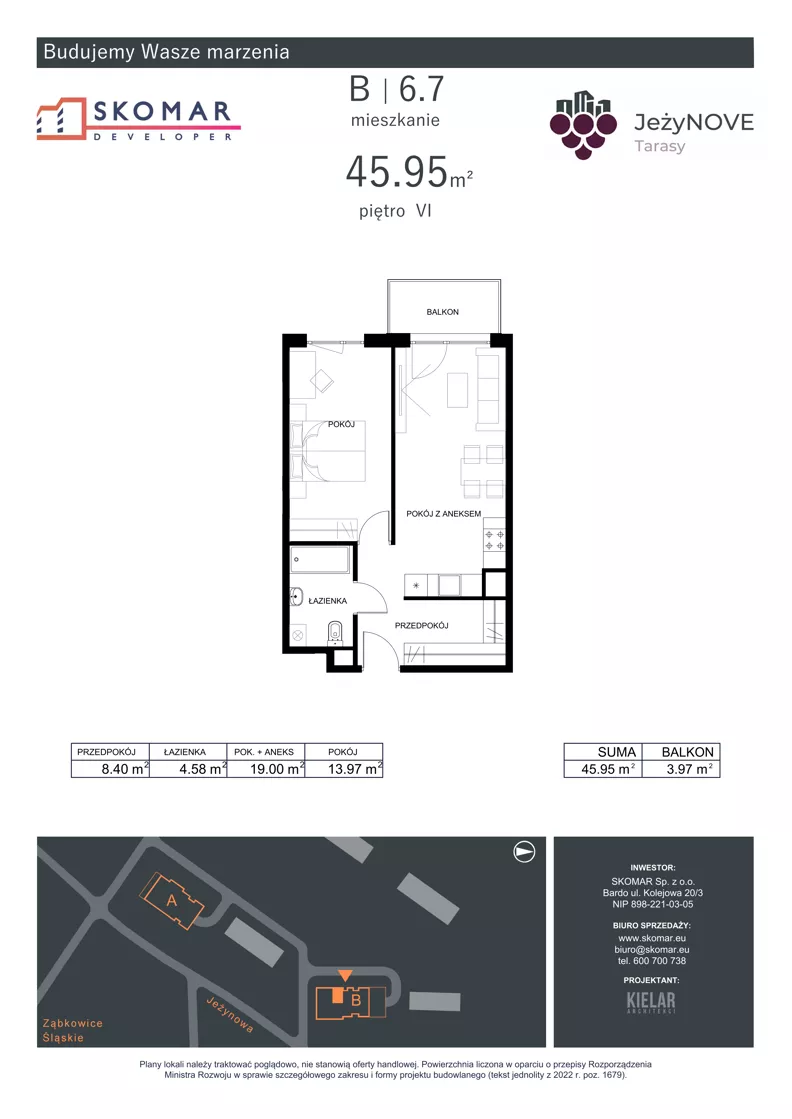 2 pokoje, mieszkanie 45,95 m², piętro 6, oferta nr B6_7, JeżyNOVE Tarasy, Ząbkowice Śląskie, ul. Jeżynowa