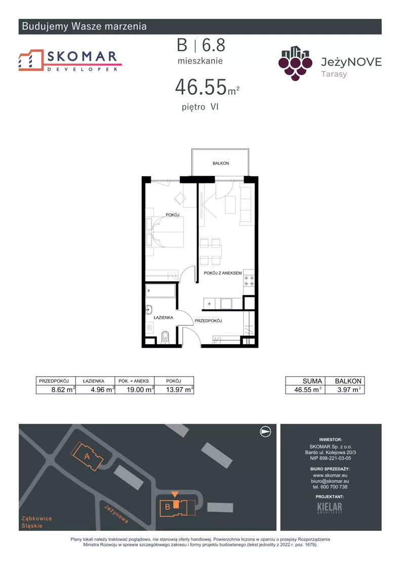 2 pokoje, mieszkanie 46,55 m², piętro 6, oferta nr B6_8, JeżyNOVE Tarasy, Ząbkowice Śląskie, ul. Jeżynowa