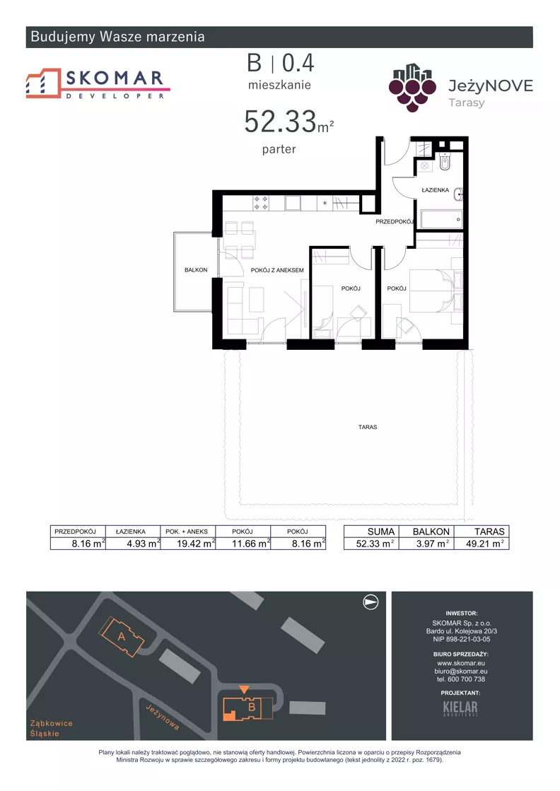 3 pokoje, mieszkanie 52,33 m², parter, oferta nr B0_4, JeżyNOVE Tarasy, Ząbkowice Śląskie, ul. Jeżynowa