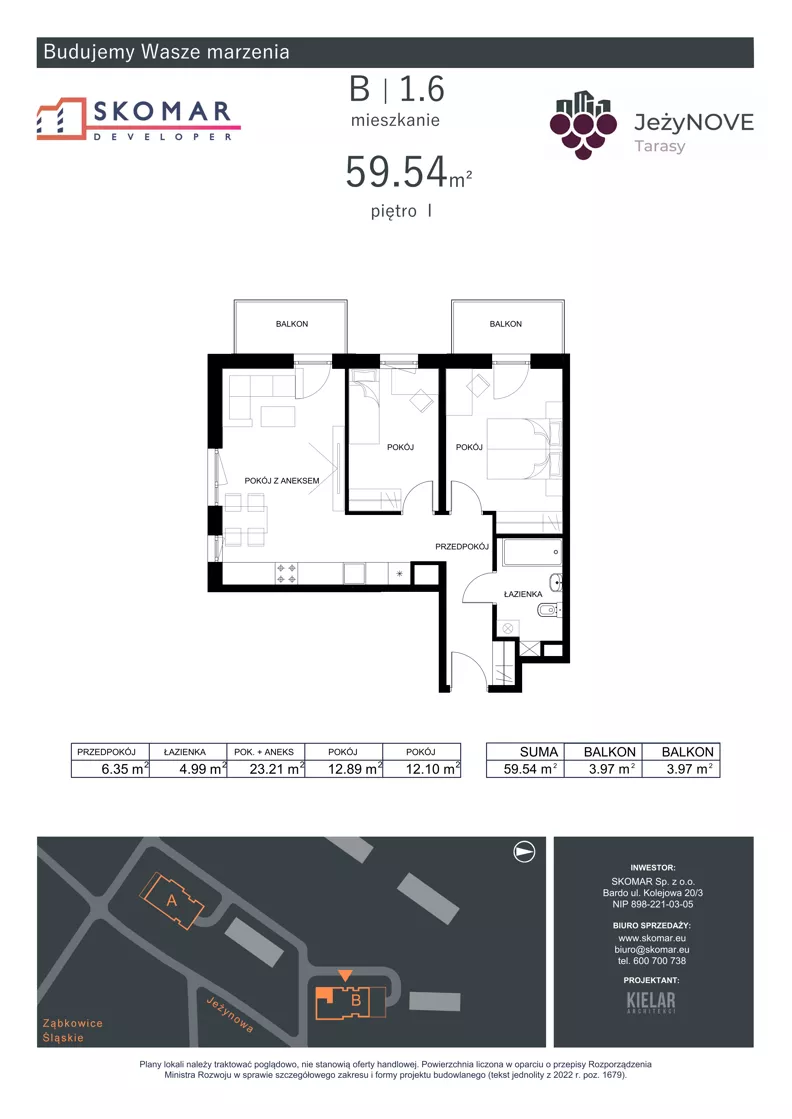 3 pokoje, mieszkanie 59,54 m², piętro 1, oferta nr B1_6, JeżyNOVE Tarasy, Ząbkowice Śląskie, ul. Jeżynowa