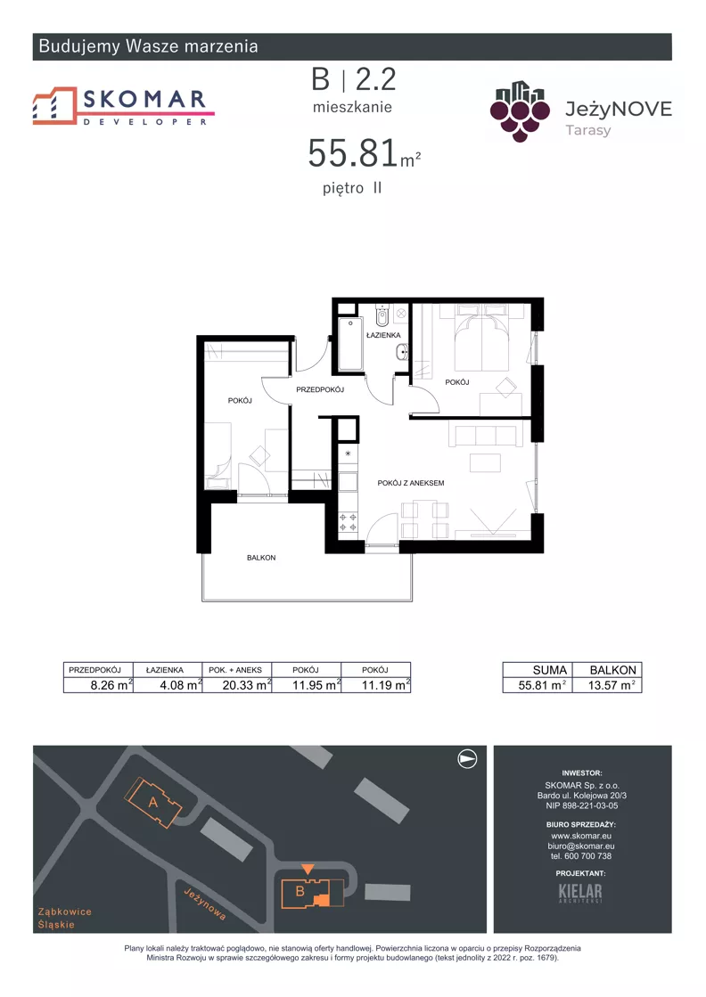 3 pokoje, mieszkanie 55,81 m², piętro 2, oferta nr B2_2, JeżyNOVE Tarasy, Ząbkowice Śląskie, ul. Jeżynowa