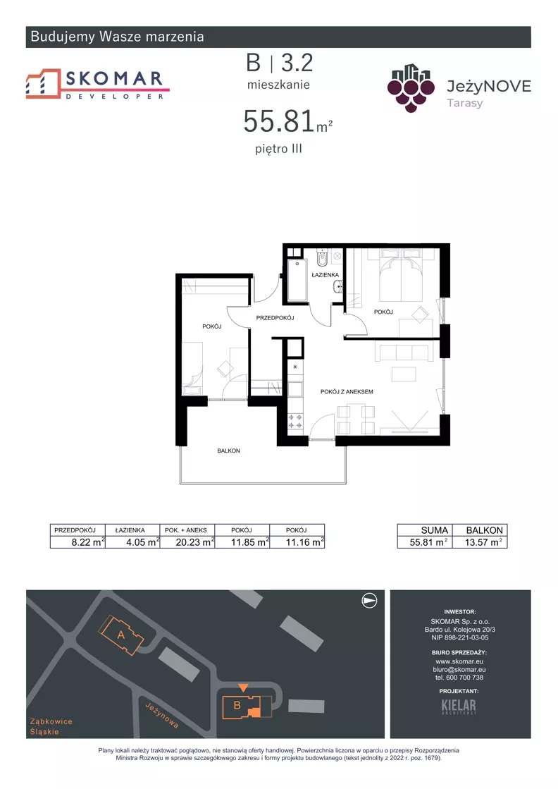 3 pokoje, mieszkanie 55,81 m², piętro 3, oferta nr B3_2, JeżyNOVE Tarasy, Ząbkowice Śląskie, ul. Jeżynowa