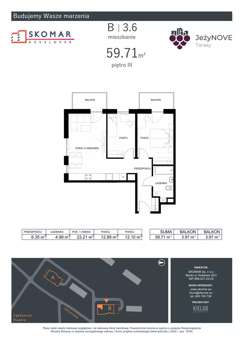 3 pokoje, mieszkanie 59,71 m², piętro 3, oferta nr B3_6, JeżyNOVE Tarasy, Ząbkowice Śląskie, ul. Jeżynowa