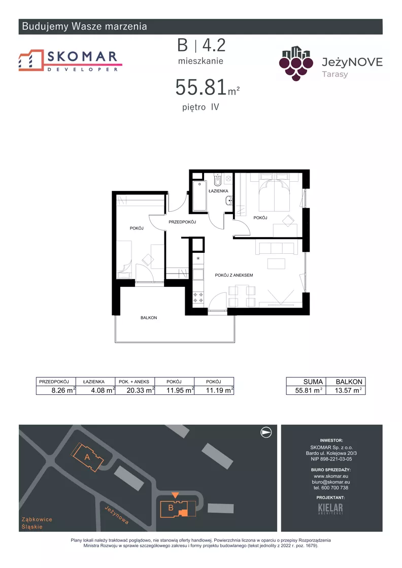 3 pokoje, mieszkanie 55,81 m², piętro 4, oferta nr B4_2, JeżyNOVE Tarasy, Ząbkowice Śląskie, ul. Jeżynowa