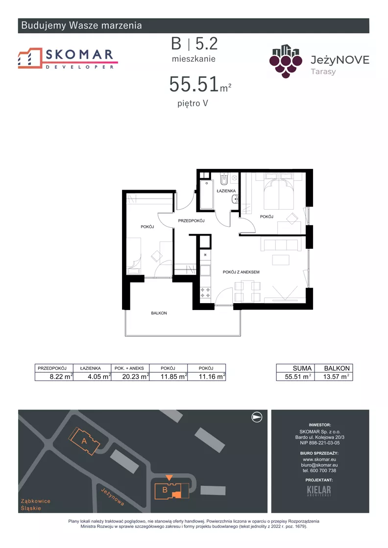 3 pokoje, mieszkanie 55,51 m², piętro 5, oferta nr B5_2, JeżyNOVE Tarasy, Ząbkowice Śląskie, ul. Jeżynowa