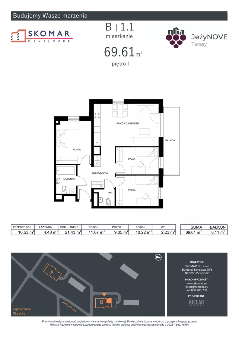 4 pokoje, mieszkanie 69,61 m², piętro 1, oferta nr B1_1, JeżyNOVE Tarasy, Ząbkowice Śląskie, ul. Jeżynowa