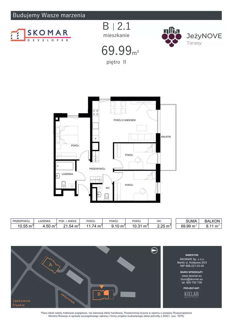 4 pokoje, mieszkanie 69,99 m², piętro 2, oferta nr B2_1, JeżyNOVE Tarasy, Ząbkowice Śląskie, ul. Jeżynowa