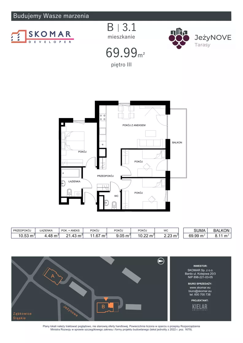 4 pokoje, mieszkanie 69,99 m², piętro 3, oferta nr B3_1, JeżyNOVE Tarasy, Ząbkowice Śląskie, ul. Jeżynowa