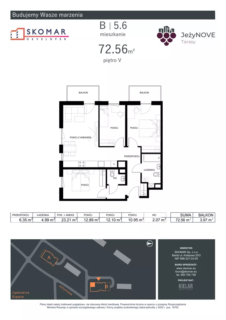 4 pokoje, mieszkanie 72,56 m², piętro 5, oferta nr B5_6, JeżyNOVE Tarasy, Ząbkowice Śląskie, ul. Jeżynowa