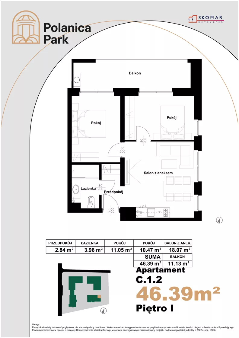 3 pokoje, apartament inwestycyjny 46,39 m², piętro 1, oferta nr 1.2, Polanica Park Apartamenty - etap III, Polanica-Zdrój, ul. Zdrojowa